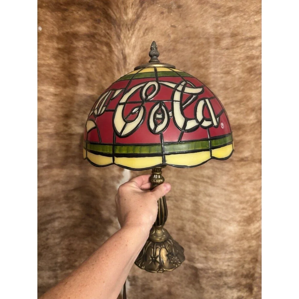 Coca-Cola Tiffany Style Stained Table Lamp – Plastic Shade, Metal Base – Vintage